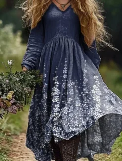 New Women's Long Dress Maxi Dress Casual Dress Summer Dress Boho Dress Tribal Vacation Daily Regular Fit Floral Long Sleeve V Neck Light Green Navy Blue Dark Green Emerald Green Summer Women Floral Dresses