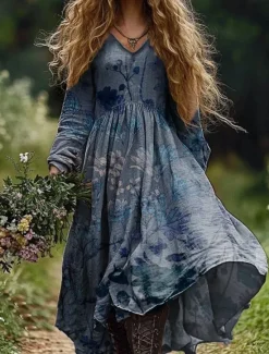 New Women's Long Dress Maxi Dress Casual Dress Summer Dress Boho Dress Tribal Vacation Daily Regular Fit Floral Long Sleeve V Neck Light Green Navy Blue Dark Green Emerald Green Summer Women Floral Dresses