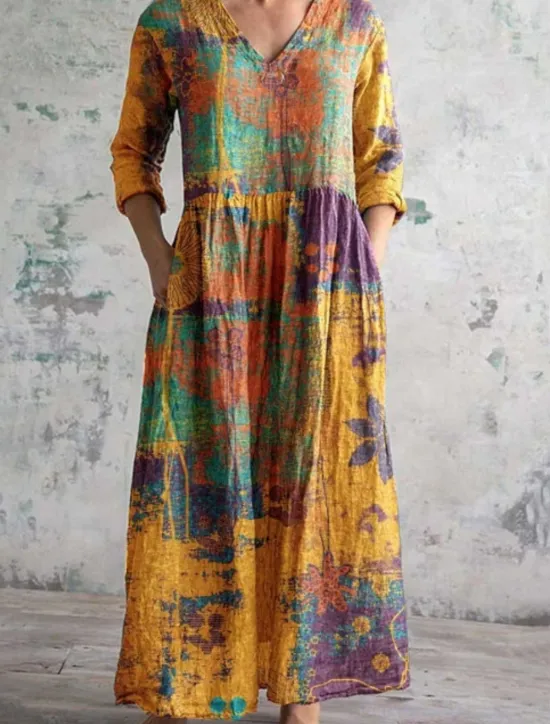 Outlet Women's Long Dress Maxi Dress Casual Dress Summer Dress Boho Dress Fashion Vacation Daily Weekend Regular Fit Floral Graphic Long Sleeve V Neck Yellow Green Khaki Rainbow Summer Women Floral Dresses