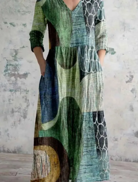Outlet Women's Long Dress Maxi Dress Casual Dress Summer Dress Boho Dress Fashion Vacation Daily Weekend Regular Fit Floral Graphic Long Sleeve V Neck Yellow Green Khaki Rainbow Summer Women Floral Dresses