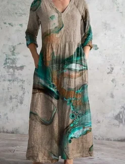 Outlet Women's Long Dress Maxi Dress Casual Dress Summer Dress Boho Dress Fashion Vacation Daily Weekend Regular Fit Floral Graphic Long Sleeve V Neck Yellow Green Khaki Rainbow Summer Women Floral Dresses