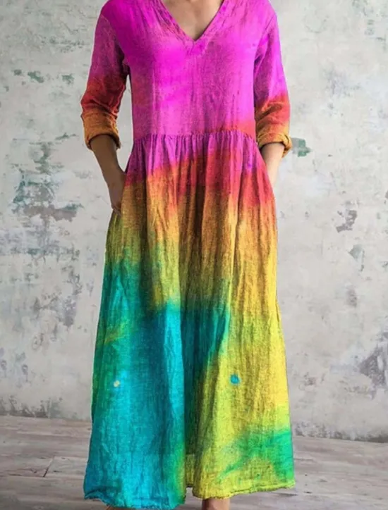 Outlet Women's Long Dress Maxi Dress Casual Dress Summer Dress Boho Dress Fashion Vacation Daily Weekend Regular Fit Floral Graphic Long Sleeve V Neck Yellow Green Khaki Rainbow Summer Women Floral Dresses