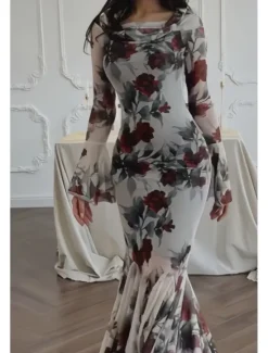 Discount Women's Long Dress Maxi Dress Sheath Dress Floral Dress Print Dress Fashion Elegant Dress Outdoor Holiday Date Regular Fit Flower Long Sleeve Crew Neck Spring Women Floral Dresses