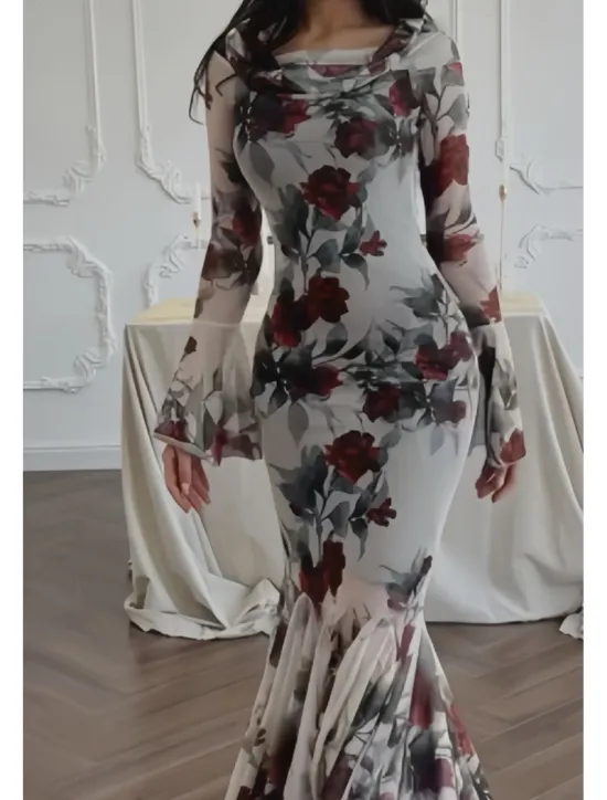 Discount Women's Long Dress Maxi Dress Sheath Dress Floral Dress Print Dress Fashion Elegant Dress Outdoor Holiday Date Regular Fit Flower Long Sleeve Crew Neck Spring Women Floral Dresses
