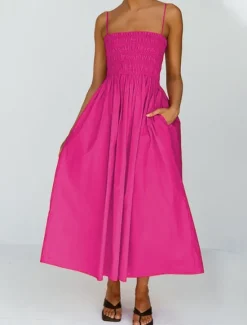 Online Women's Long Dress Maxi Dress Linen-Inspired Dresses Casual Dress Stylish Casual Vacation Daily Date Regular Fit Plain Sleeveless Strapless Pink Orange Green Summer Spring Women Dresses