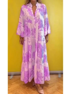 Best Women's Long Dress Maxi Dress Casual Dress Swing Dress Summer Dress Elegant Fashion Modern Daily Beach Weekend Regular Fit Floral Long Sleeve Split Neck Light Green Pink Red Light Purple Summer Women Floral Dresses