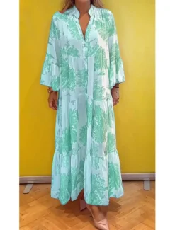 Best Women's Long Dress Maxi Dress Casual Dress Swing Dress Summer Dress Elegant Fashion Modern Daily Beach Weekend Regular Fit Floral Long Sleeve Split Neck Light Green Pink Red Light Purple Summer Women Floral Dresses
