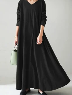 Sale Women's Long Dress Maxi Dress Linen-Inspired Dresses Black Dress Casual Dress Winter Dress Fashion Streetwear Mature Outdoor Street Daily Loose Fit Long Sleeve V Neck Black Yellow Brown Dark Blue Women Dresses