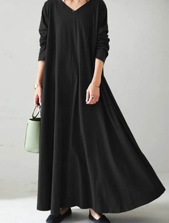 Sale Women's Long Dress Maxi Dress Linen-Inspired Dresses Black Dress Casual Dress Winter Dress Fashion Streetwear Mature Outdoor Street Daily Loose Fit Long Sleeve V Neck Black Yellow Brown Dark Blue Women Dresses
