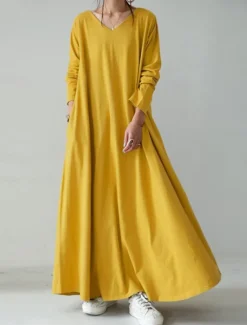 Sale Women's Long Dress Maxi Dress Linen-Inspired Dresses Black Dress Casual Dress Winter Dress Fashion Streetwear Mature Outdoor Street Daily Loose Fit Long Sleeve V Neck Black Yellow Brown Dark Blue Women Dresses