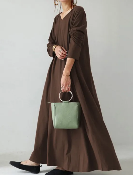 Sale Women's Long Dress Maxi Dress Linen-Inspired Dresses Black Dress Casual Dress Winter Dress Fashion Streetwear Mature Outdoor Street Daily Loose Fit Long Sleeve V Neck Black Yellow Brown Dark Blue Women Dresses