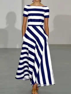 Discount Women's Long Dress Maxi Dress Casual Dress Swing Dress Fashion Outdoor Party Holiday Regular Fit Striped Short Sleeve Off Shoulder Black Red Blue Summer Women Work Dresses