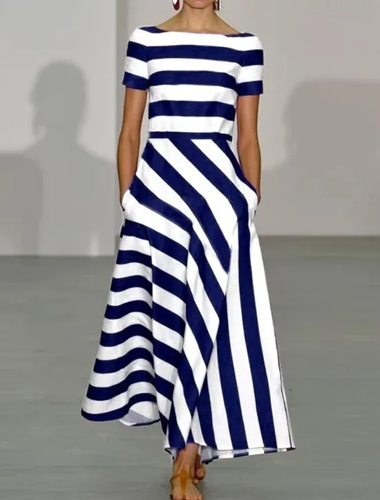Discount Women's Long Dress Maxi Dress Casual Dress Swing Dress Fashion Outdoor Party Holiday Regular Fit Striped Short Sleeve Off Shoulder Black Red Blue Summer Women Work Dresses