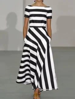 Discount Women's Long Dress Maxi Dress Casual Dress Swing Dress Fashion Outdoor Party Holiday Regular Fit Striped Short Sleeve Off Shoulder Black Red Blue Summer Women Work Dresses