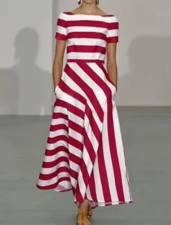Discount Women's Long Dress Maxi Dress Casual Dress Swing Dress Fashion Outdoor Party Holiday Regular Fit Striped Short Sleeve Off Shoulder Black Red Blue Summer Women Work Dresses