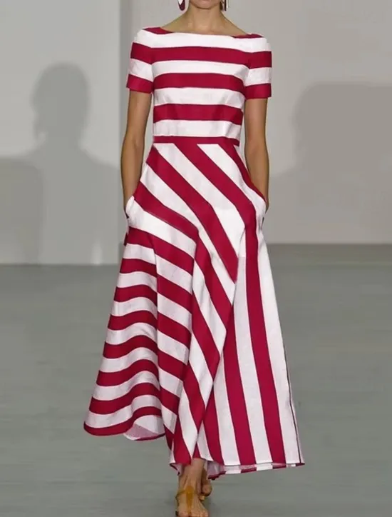 Discount Women's Long Dress Maxi Dress Casual Dress Swing Dress Fashion Outdoor Party Holiday Regular Fit Striped Short Sleeve Off Shoulder Black Red Blue Summer Women Work Dresses