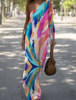 Sale Women's Long Dress Maxi Dress Casual Dress Print Dress Floral Geometric Fashion Streetwear Outdoor Holiday Going out Print Long Sleeve One Shoulder Dress Slim ArmyGreen Blue Orange Summer Spring S M Women Spring Dresses|Floral Dresses