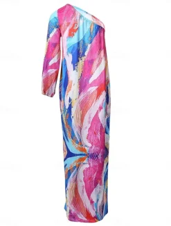 Sale Women's Long Dress Maxi Dress Casual Dress Print Dress Floral Geometric Fashion Streetwear Outdoor Holiday Going out Print Long Sleeve One Shoulder Dress Slim ArmyGreen Blue Orange Summer Spring S M Women Spring Dresses|Floral Dresses