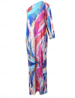 Sale Women's Long Dress Maxi Dress Casual Dress Print Dress Floral Geometric Fashion Streetwear Outdoor Holiday Going out Print Long Sleeve One Shoulder Dress Slim ArmyGreen Blue Orange Summer Spring S M Women Spring Dresses|Floral Dresses