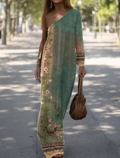 Sale Women's Long Dress Maxi Dress Casual Dress Print Dress Floral Geometric Fashion Streetwear Outdoor Holiday Going out Print Long Sleeve One Shoulder Dress Slim ArmyGreen Blue Orange Summer Spring S M Women Spring Dresses|Floral Dresses