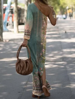 Sale Women's Long Dress Maxi Dress Casual Dress Print Dress Floral Geometric Fashion Streetwear Outdoor Holiday Going out Print Long Sleeve One Shoulder Dress Slim ArmyGreen Blue Orange Summer Spring S M Women Spring Dresses|Floral Dresses
