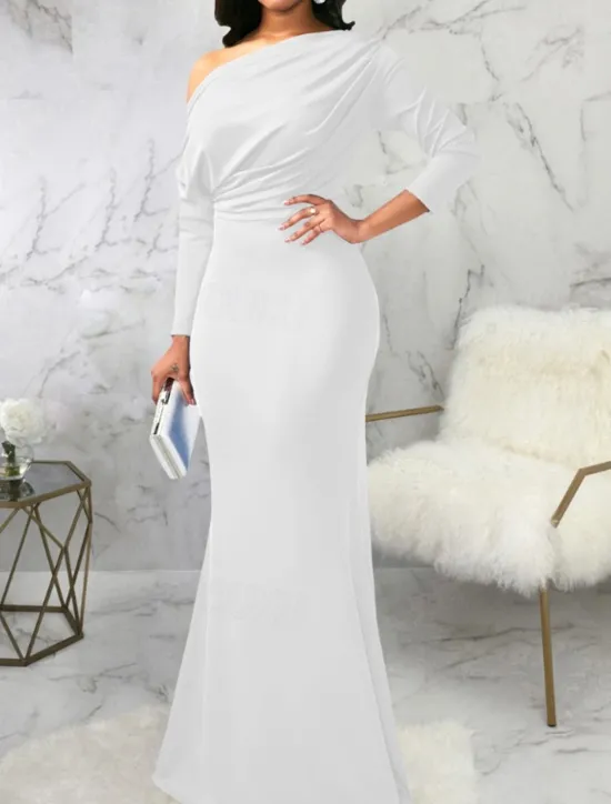Best Women's Long Dress Maxi Dress Prom Dress Party Dress Elegant Fashion Party Going out Regular Fit Plain Long Sleeve One Shoulder Black White Wine Summer Women White Dresses