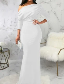 Best Women's Long Dress Maxi Dress Prom Dress Party Dress Elegant Fashion Party Going out Regular Fit Plain Long Sleeve One Shoulder Black White Wine Summer Women White Dresses