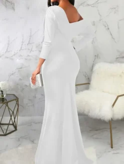 Best Women's Long Dress Maxi Dress Prom Dress Party Dress Elegant Fashion Party Going out Regular Fit Plain Long Sleeve One Shoulder Black White Wine Summer Women White Dresses