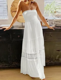 Women's Long Dress Maxi Dress White Dress Casual Dress White Lace Wedding Dress Boho Dress Elegant Streetwear Maxi Street Date Loose Fit Plain Sleeveless Strapless Black White Yellow Mint Green Summer Women White Dresses