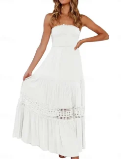Women's Long Dress Maxi Dress White Dress Casual Dress White Lace Wedding Dress Boho Dress Elegant Streetwear Maxi Street Date Loose Fit Plain Sleeveless Strapless Black White Yellow Mint Green Summer Women White Dresses