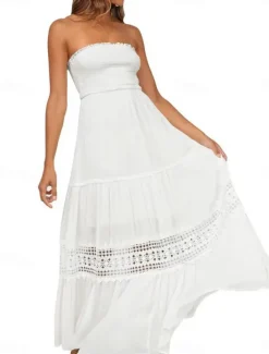 Women's Long Dress Maxi Dress White Dress Casual Dress White Lace Wedding Dress Boho Dress Elegant Streetwear Maxi Street Date Loose Fit Plain Sleeveless Strapless Black White Yellow Mint Green Summer Women White Dresses