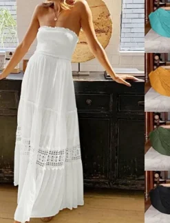 Women's Long Dress Maxi Dress White Dress Casual Dress White Lace Wedding Dress Boho Dress Elegant Streetwear Maxi Street Date Loose Fit Plain Sleeveless Strapless Black White Yellow Mint Green Summer Women White Dresses