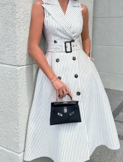 Hot Women's Long Dress Maxi Dress Blazer Dress A Line Dress Elegant Stylish Formal Work Daily Date Regular Fit Stripe Sleeveless Shirt Collar Summer Spring Fall Women Work Dresses