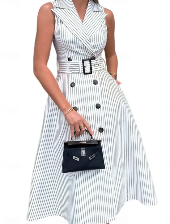 Hot Women's Long Dress Maxi Dress Blazer Dress A Line Dress Elegant Stylish Formal Work Daily Date Regular Fit Stripe Sleeveless Shirt Collar Summer Spring Fall Women Work Dresses