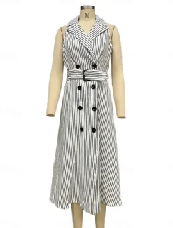 Hot Women's Long Dress Maxi Dress Blazer Dress A Line Dress Elegant Stylish Formal Work Daily Date Regular Fit Stripe Sleeveless Shirt Collar Summer Spring Fall Women Work Dresses