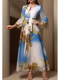 Outlet Women's Long Dress Maxi Dress Vintage Dress Cocktail Dress Wedding Guest Dress Chiffon Dress Boho Daily Holiday Loose Fit Graphic Long Sleeve Crew Neck Spring Fall Women Cocktail Dress