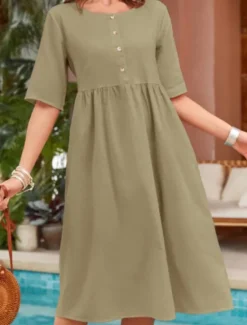 Outlet Women's Long Dress Maxi Dress Cotton Linen Dresses Casual Dress Basic Casual Vacation Daily Regular Fit Plain Short Sleeve Crew Neck Navy Blue Green Khaki Summer Women Dresses