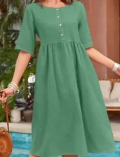 Outlet Women's Long Dress Maxi Dress Cotton Linen Dresses Casual Dress Basic Casual Vacation Daily Regular Fit Plain Short Sleeve Crew Neck Navy Blue Green Khaki Summer Women Dresses