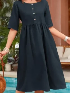 Outlet Women's Long Dress Maxi Dress Cotton Linen Dresses Casual Dress Basic Casual Vacation Daily Regular Fit Plain Short Sleeve Crew Neck Navy Blue Green Khaki Summer Women Dresses