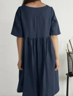 Outlet Women's Long Dress Maxi Dress Cotton Linen Dresses Casual Dress Basic Casual Vacation Daily Regular Fit Plain Short Sleeve Crew Neck Navy Blue Green Khaki Summer Women Dresses