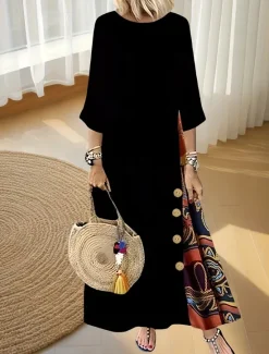 Sale Women's Long Dress Maxi Dress Casual Dress Boho Dress Stylish Vacation Date Regular Fit Floral Crew Neck Black Red Fall Women Spring Dresses