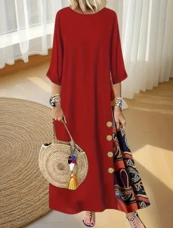 Sale Women's Long Dress Maxi Dress Casual Dress Boho Dress Stylish Vacation Date Regular Fit Floral Crew Neck Black Red Fall Women Spring Dresses