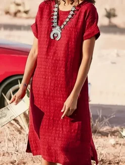 Sale Women's Long Dress Maxi Dress Linen-Inspired Dresses Casual Dress Cotton Linen Dress Stylish Casual Vacation Daily Date Regular Fit Plain Short Sleeve Crew Neck Black Red Summer Spring Women Dresses