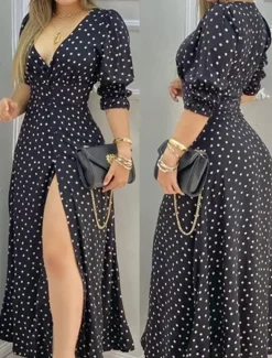 Sale Women's Long Dress Maxi Dress Casual Dress Summer Dress Elegant Fashion Outdoor Holiday Date Regular Fit Polka Dot Long Sleeve V Neck Black Red Blue Summer Spring Women Cocktail Dress