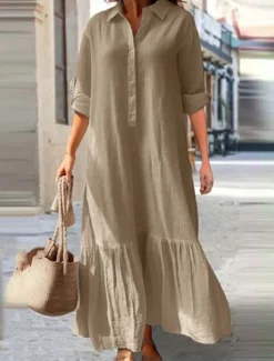 Women's Long Dress Maxi Dress Linen-Inspired Dresses Hawaiian Regular Fit Solid Color Long Sleeve Shirt Collar Add royal blue khaki Summer Spring Women Dresses