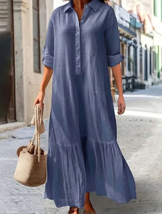 Women's Long Dress Maxi Dress Linen-Inspired Dresses Hawaiian Regular Fit Solid Color Long Sleeve Shirt Collar Add royal blue khaki Summer Spring Women Dresses