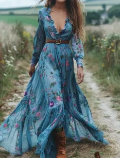 Discount Women's Long Dress Maxi Dress Floral Dress Boho Dress Western Dress Elegant Fashion Modern Outdoor Vacation Daily Regular Fit Flower Long Sleeve V Neck Summer Women Floral Dresses
