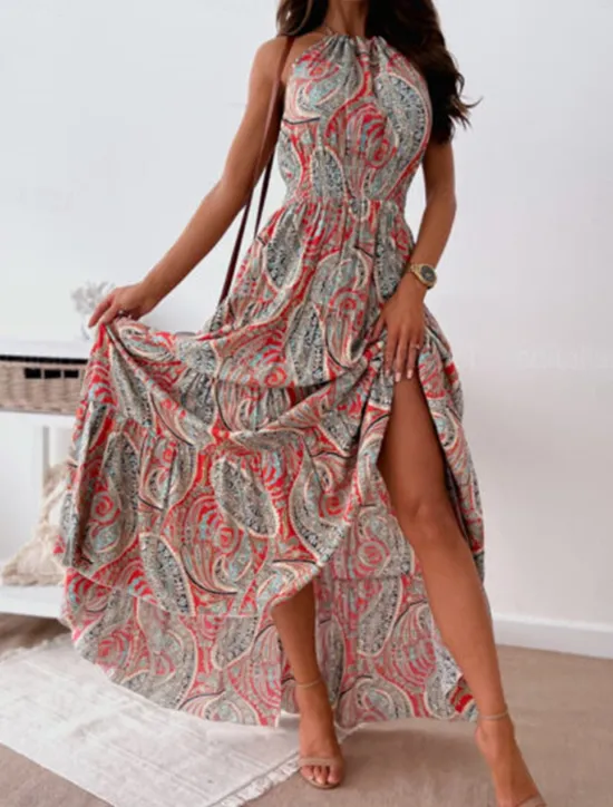 Online Women's Long Dress Maxi Dress Casual Dress Boho Chic Dresses Boho Dress Bohemia Streetwear A Line Vacation Street Holiday Regular Fit Floral Paisley Sleeveless Halter Neck Red Blue Summer Women Floral Dresses|Spring Dresses