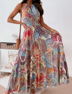 Online Women's Long Dress Maxi Dress Casual Dress Boho Chic Dresses Boho Dress Bohemia Streetwear A Line Vacation Street Holiday Regular Fit Floral Paisley Sleeveless Halter Neck Red Blue Summer Women Floral Dresses|Spring Dresses