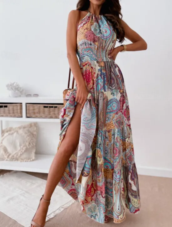 Online Women's Long Dress Maxi Dress Casual Dress Boho Chic Dresses Boho Dress Bohemia Streetwear A Line Vacation Street Holiday Regular Fit Floral Paisley Sleeveless Halter Neck Red Blue Summer Women Floral Dresses|Spring Dresses